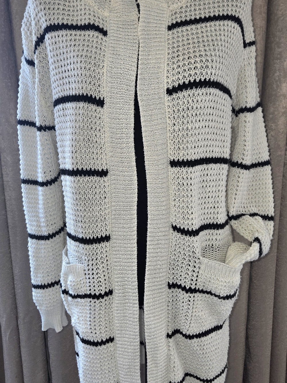 Striped Open-Front Cream Cardigan with Black Accents